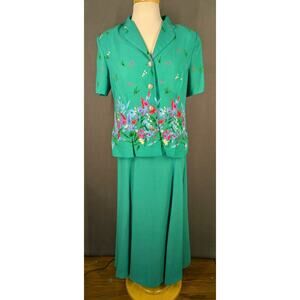 Leslie Fay 2pc Skirt Suit 12 Green Floral Jacket Spring Vintage